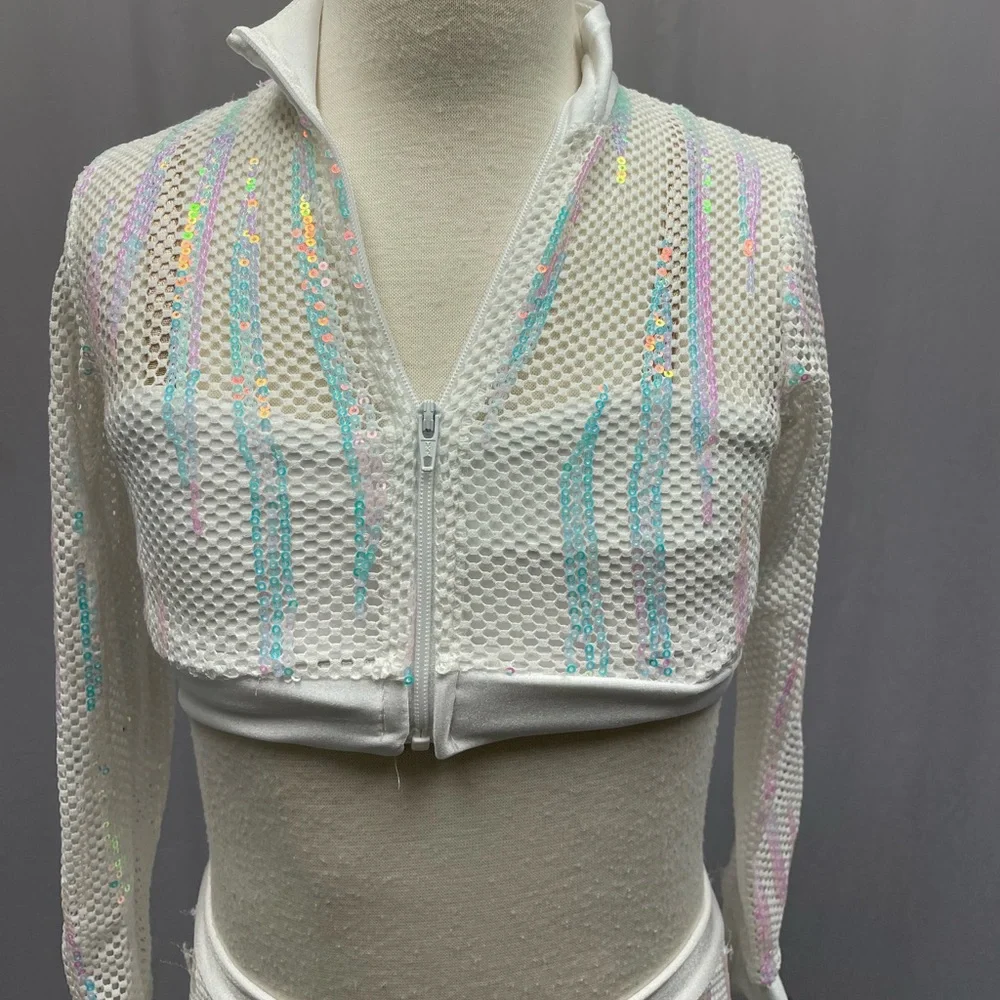 Dance costume white zip crop jacket leggings iridescent sequins size youth small